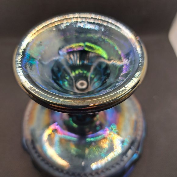 Vintage Carnival Glass Kings Crown Thumbprint Blue Iridescent Indiana Compote - Picture 8 of 11